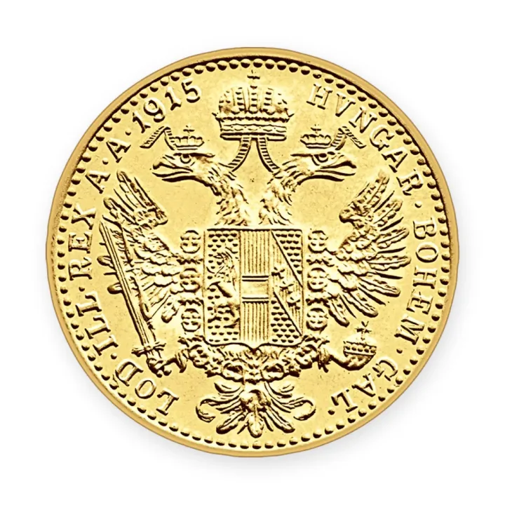 Mali dukat Franc Jozef 1915, revers sa dvoglavim orlom i grbom