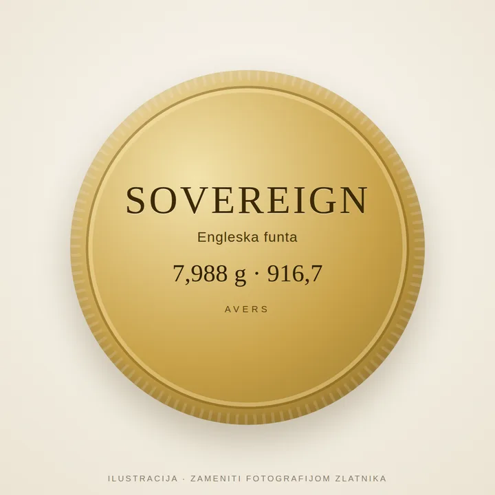 Engleska funta (sovereign) — avers sa likom britanskog vladara, zlatnik 7,988 g finoće 916,7