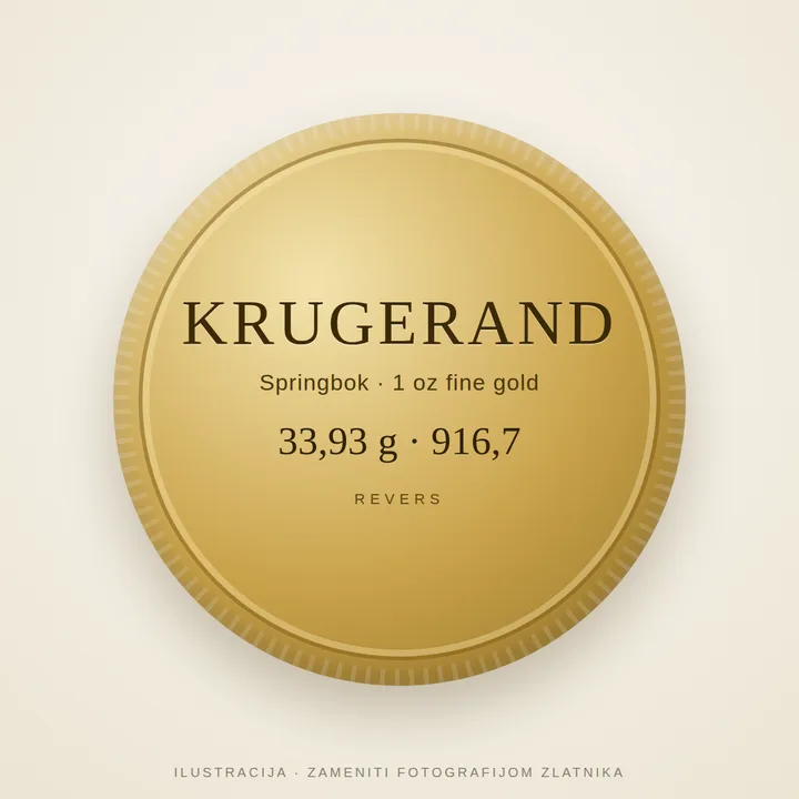 Krugerand — revers (springbok) Krugerand zlatnik — revers sa antilopom springbok i oznakom FYNGOUD 1 OZ FINE GOLD