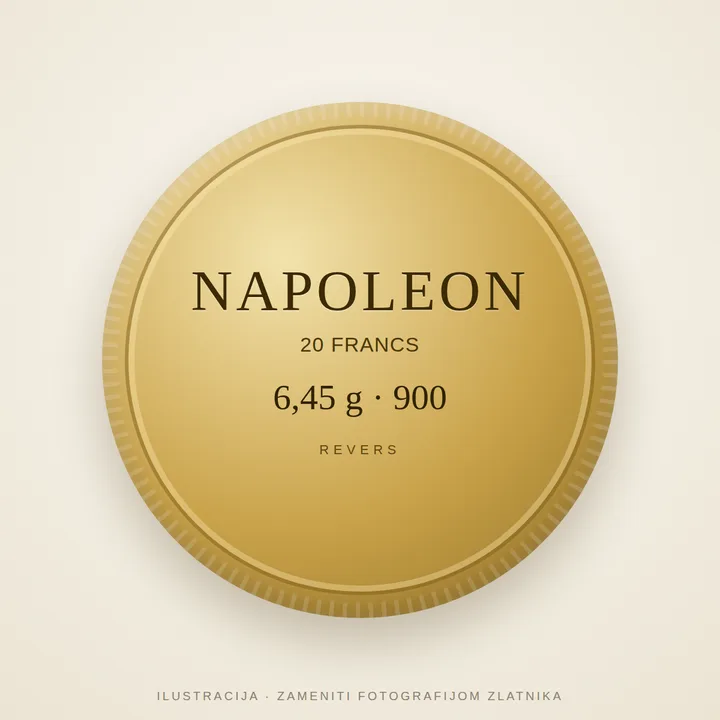 Napoleon 20 franaka — revers Napoleon zlatnik od 20 franaka — revers sa grbom i oznakom vrednosti 20 FRANCS